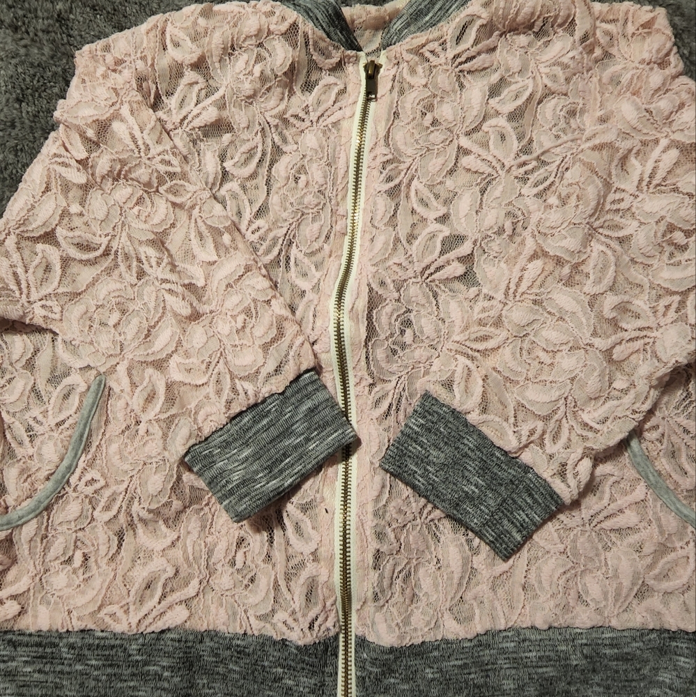 Scrapbook pink lace coat with gray accents